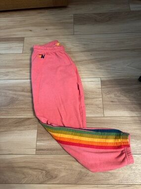 Aviator Nation Pink Track Pants with Rainbow Side Stripes